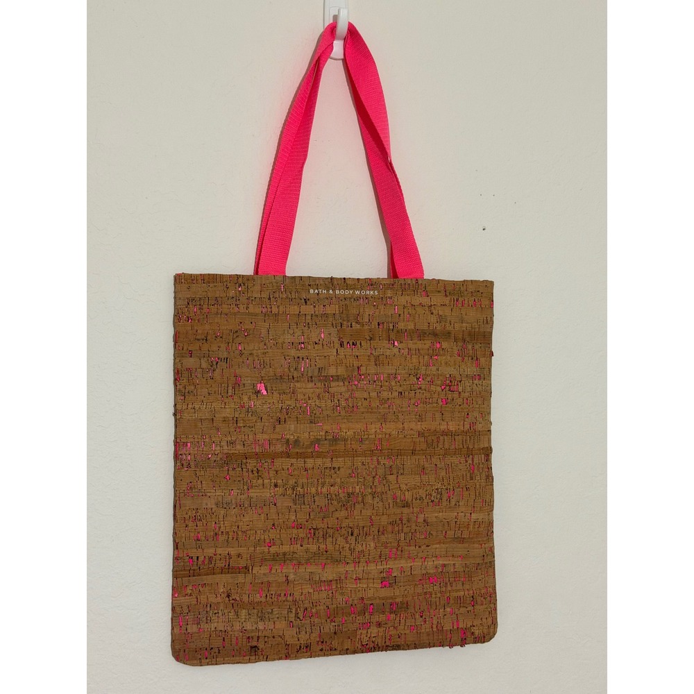 Bath & Body Works Cork Tote Bag Neon Pink Metallic Flecked Reusable Gift Bag NWT